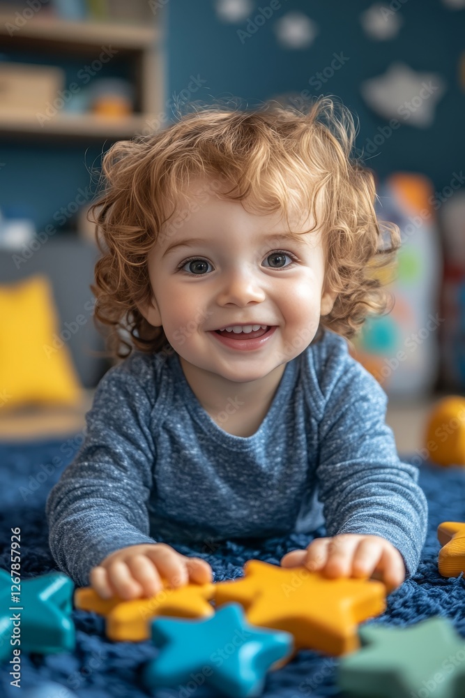 Happy toddler playing with star-shaped toys on carpet Happy toddler playing with star-shaped toys on carpet