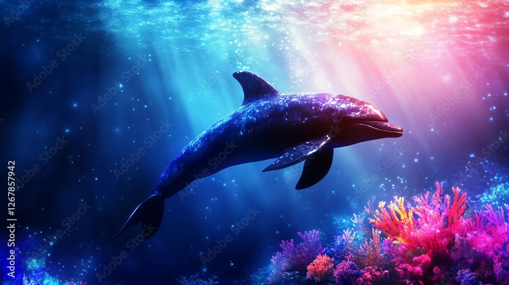 Obraz premium A dolphin gracefully swims through a vibrant coral reef, bathed in the magical glow of underwater sunlight.