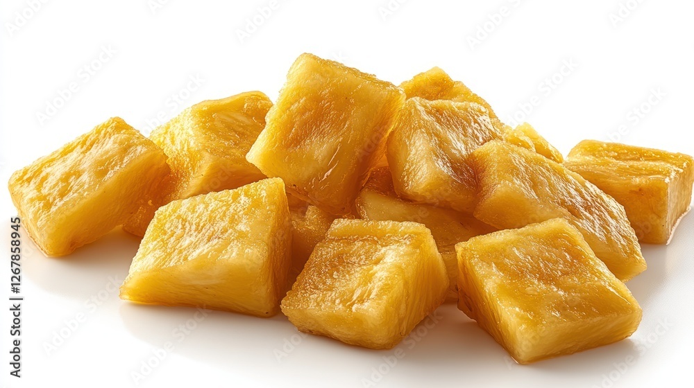 Pile of cubed, golden-yellow pineapple chunks on a white background. Pile of cubed, golden-yellow pineapple chunks on a white background.