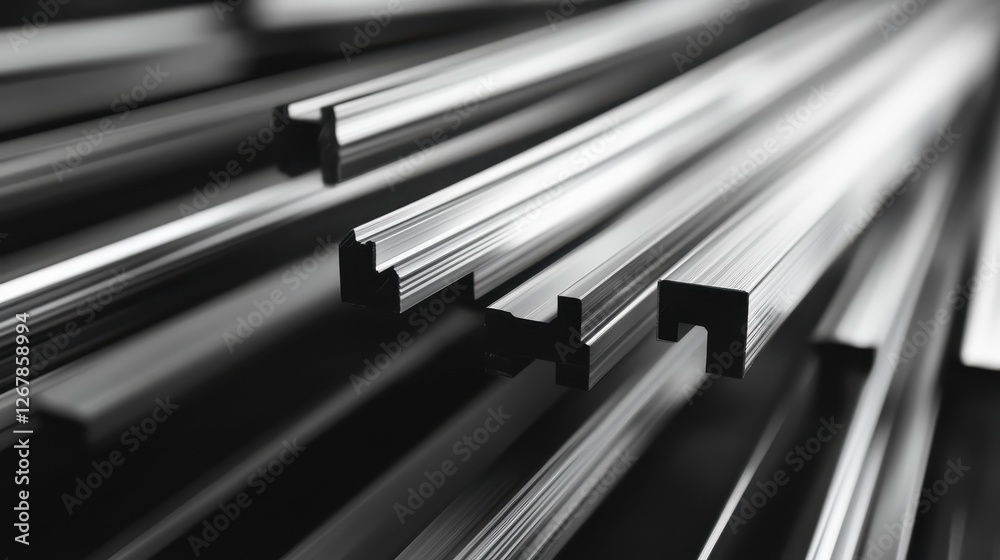Close-up of metallic structural profiles showcasing sleek lines and polished surfaces, emphasizing the intricate design and industrial aesthetic. Close-up of metallic structural profiles showcasing sleek lines and polished surfaces, emphasizing the intricate design and industrial aesthetic.