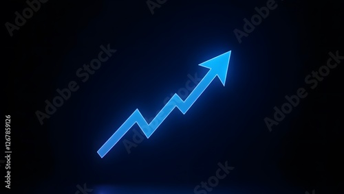 Blue neon glowing arrow pointing upwards symbolizing growth progress on dark background