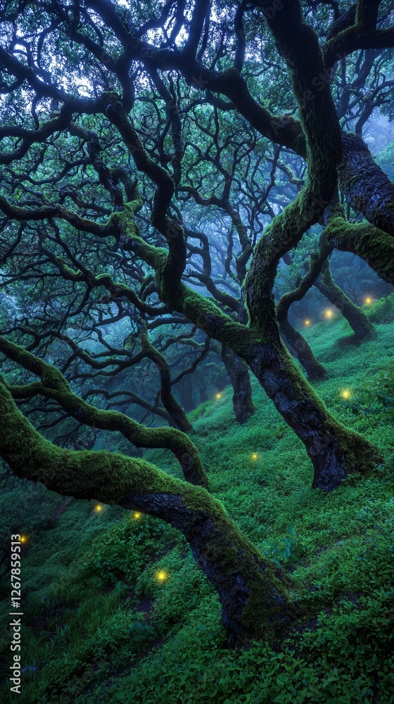 Mystical forest path at dusk, trees with moss, glowing lights