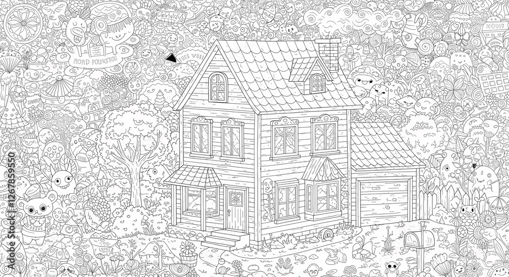 Obraz premium Detailed House & Home Building Design Coloring Book: Outline Sketch Doodle Illustrations with Page Drawing Elements