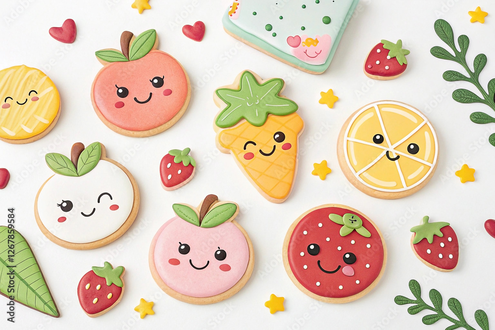 Cute fruit cookies, decorated, white background, spring theme, food blog Cute fruit cookies, decorated, white background, spring theme, food blog
