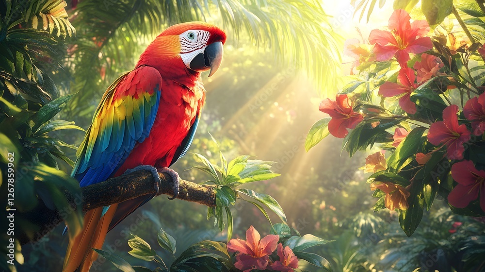 custom made wallpaper toronto digitalColorful Parrot Perched on a Lush Tropical Branch Against a Vibrant Backdrop – Generative AI