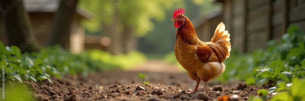 Chicken on the ground in farmyard , yard, chicken, animal Chicken on the ground in farmyard , yard, chicken, animal