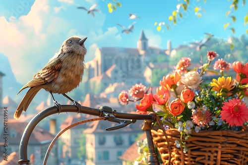 Bird perched on a bike handlebar, with a charming cityscape in the background and a basket of flowers nearby photo