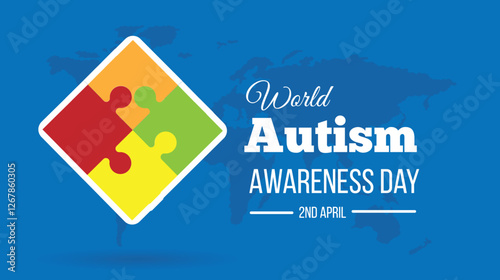 World Autism Awareness Day Poster with Jigsaw Puzzle and World Map. Mental disorder, health care and medicine concept vector art