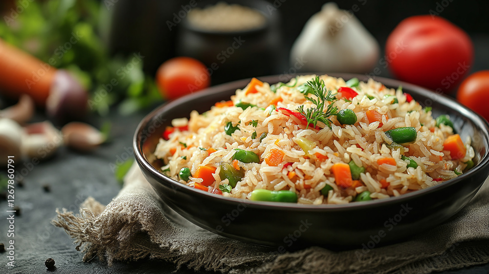 Vegetable rice bowl: A colorful mix of tender vegetables with fluffy rice. A tasty and nutritious meal option. Quick, easy, and vegetarian-friendly. Vegetable rice bowl: A colorful mix of tender vegetables with fluffy rice. A tasty and nutritious meal option. Quick, easy, and vegetarian-friendly.