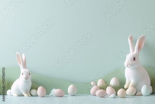 serene easter scene featuring rolling meadows bunnies and scattered eggs using soft pastel colors to create clean and photo