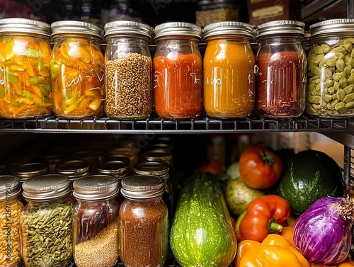 Organized pantry jars with dried food and fresh produce on shelves photo