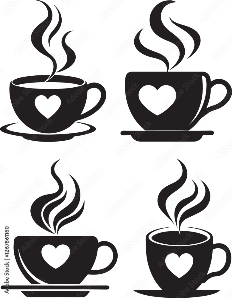 Obraz premium set of coffee cup with heart silhouette, black and white silhouette, vector and&nbsp;illustration
