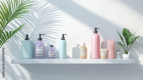 minimal bathroom interior with shampoo bottles and cosmetic products on white shelves showcasing hygiene essentials beauty care routine and modern home lifestyle