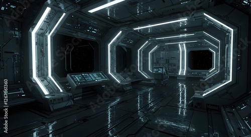 Exploring Futuristic Spaceship Interior with Glowing Lights and Control Panels