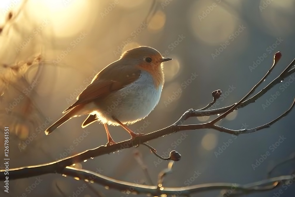 Obraz premium Bird sitting on a branch, with its wings slightly spread and the sunlight highlighting its feathers