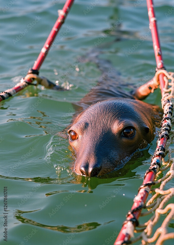 A seal tangled in a fishing net, struggling for its life. A tragic consequence of ocean pollution and harmful fishing practices A seal tangled in a fishing net, struggling for its life. A tragic consequence of ocean pollution and harmful fishing practices