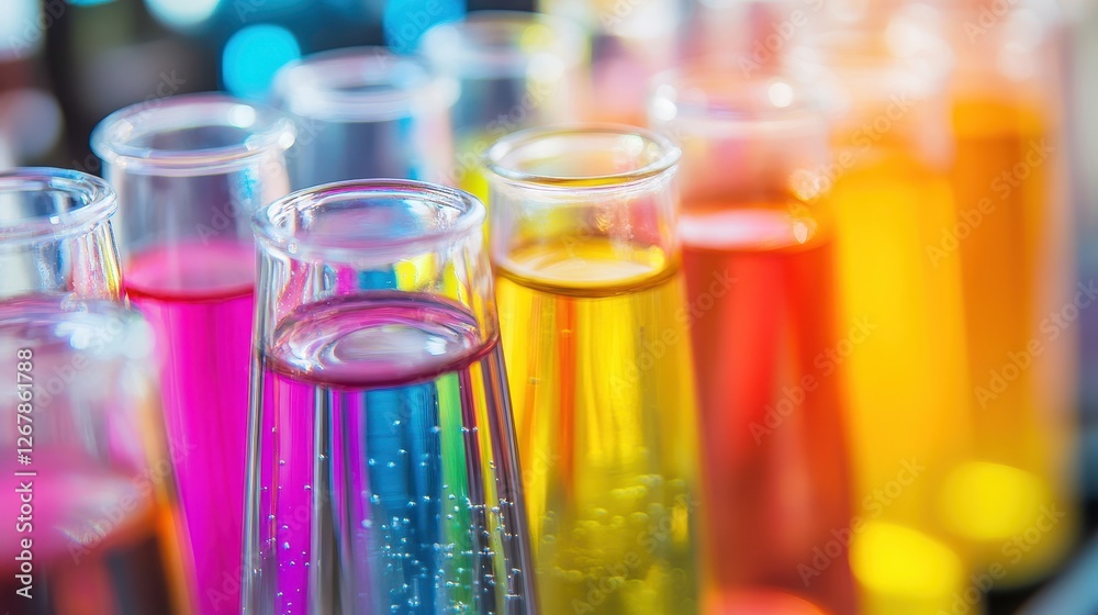 A vibrant display of colorful test tubes filled with various liquids, showcasing a spectrum of hues in a laboratory setting. A vibrant display of colorful test tubes filled with various liquids, showcasing a spectrum of hues in a laboratory setting.