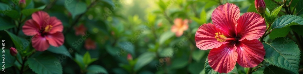 Colorful hibiscus flowers in lush foliage, garden leaves, green, yellow Colorful hibiscus flowers in lush foliage, garden leaves, green, yellow