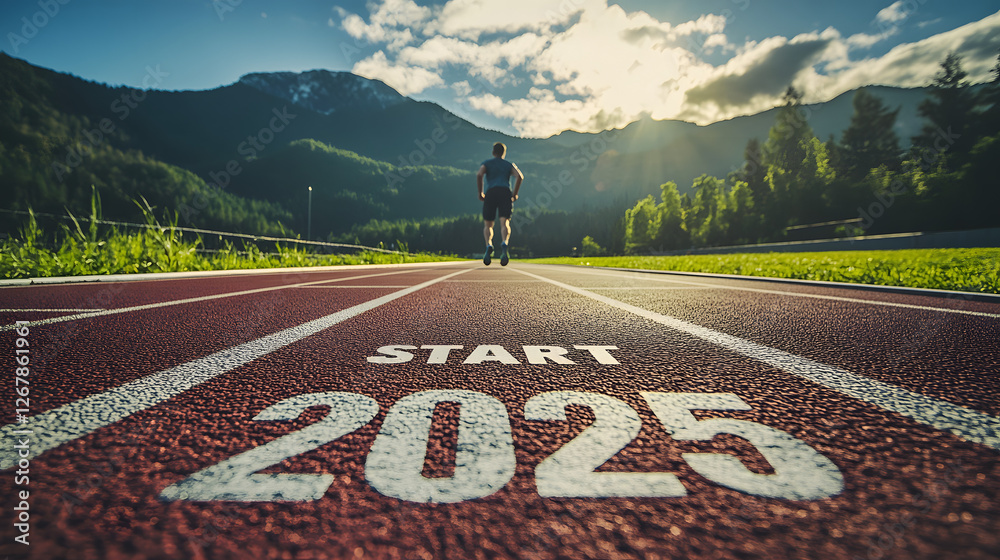 Obraz premium A runner begins a journey toward the future on an open road marked with