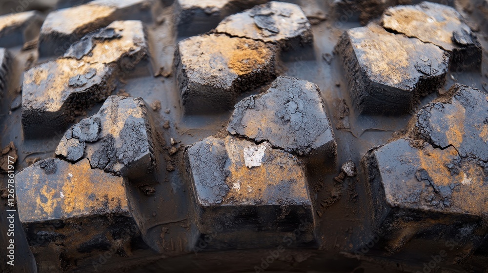 Close-up of a rugged, worn-out tire showcasing detailed tread patterns and dirt accumulation, reflecting heavy use in tough terrain.