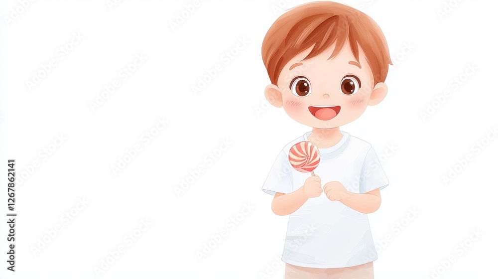 Playful boy holds colorful lollipop, enjoying a sweet summer treat 