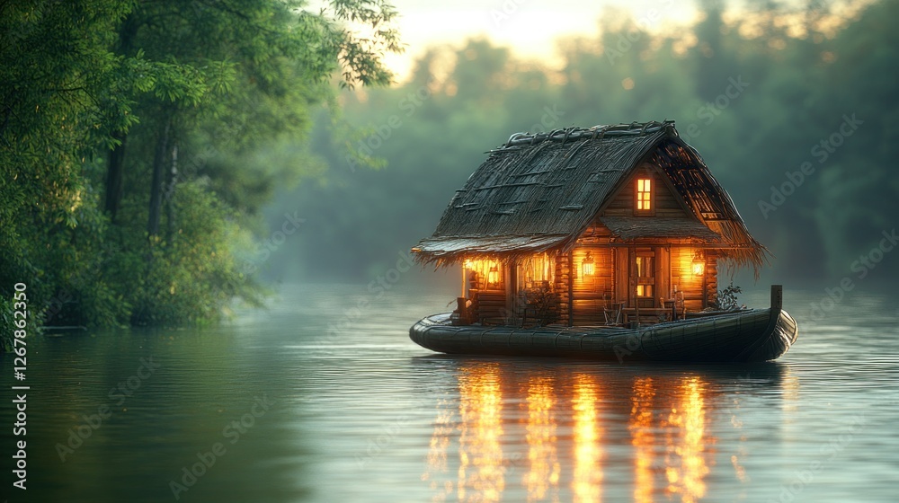 Fototapeta premium Illuminated river hut, tranquil sunset, forest backdrop, idyllic scene