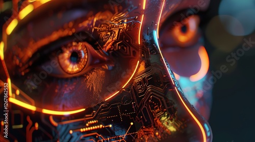 A detailed close-up of a humanoid AI robota??s face, with expressive synthetic eyes and a metallic frame, surrounded by glowing circuits symbolizing intelligence.