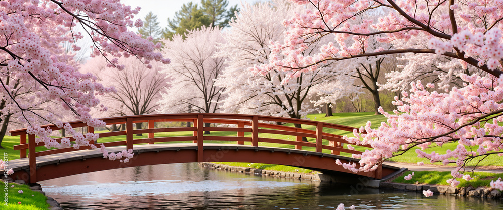 Obraz premium Serene wooden bridge beneath cherry blossoms in spring park, tranquility