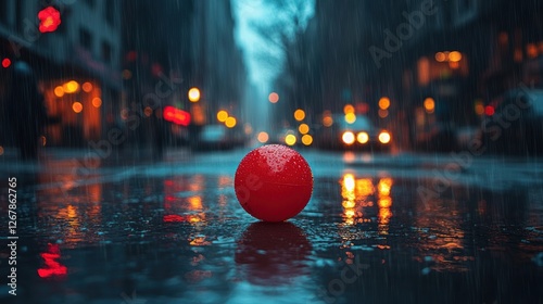 Rainy night city street, red ball, traffic blur, lonely