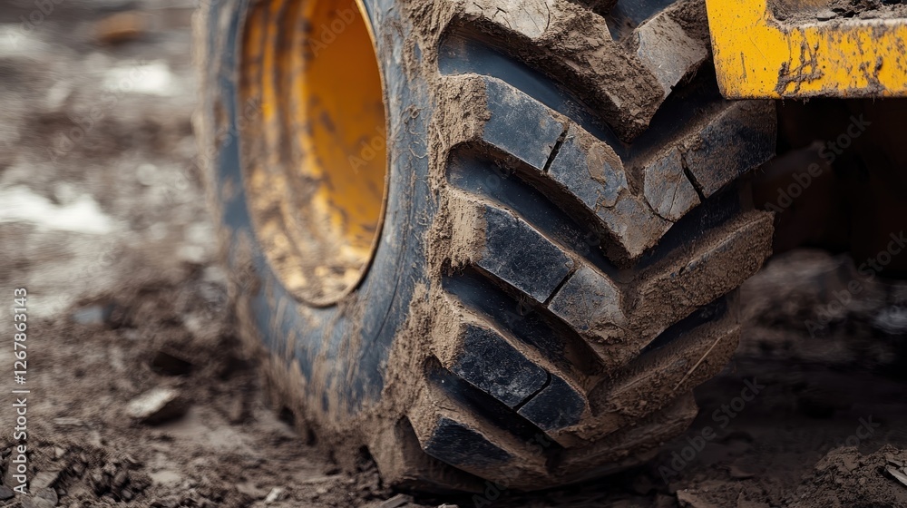 Close-up of a muddy heavy machinery tire, showcasing the rugged texture and deep treads, highlighting its functionality in construction environments. Close-up of a muddy heavy machinery tire, showcasing the rugged texture and deep treads, highlighting its functionality in construction environments.