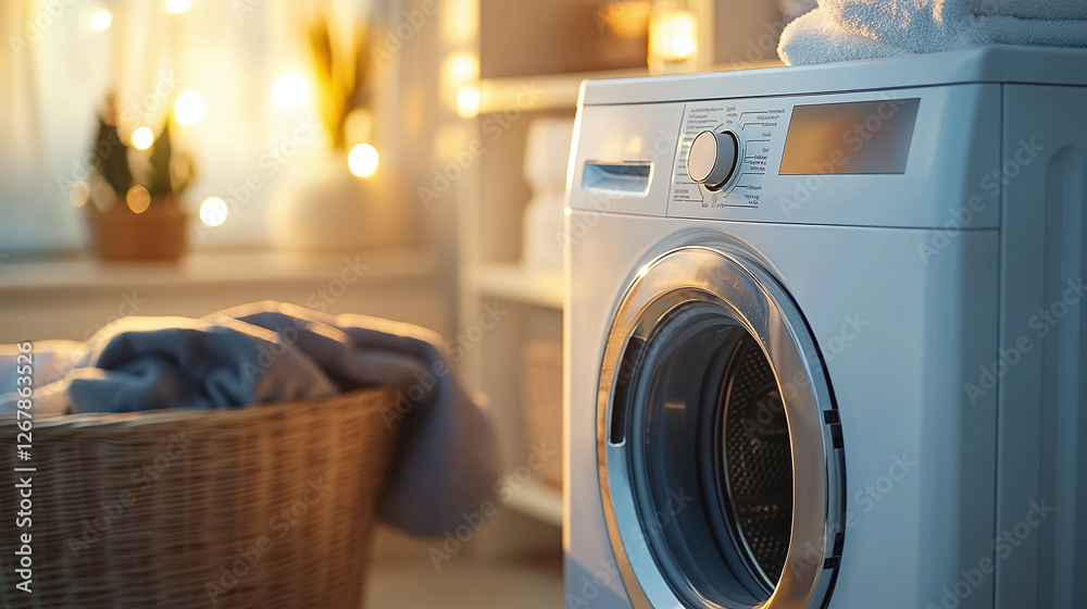 Laundry time: Washing machine with towels and a basket of laundry in a softly lit room. Focus on cleanliness and home care. Laundry time: Washing machine with towels and a basket of laundry in a softly lit room. Focus on cleanliness and home care.