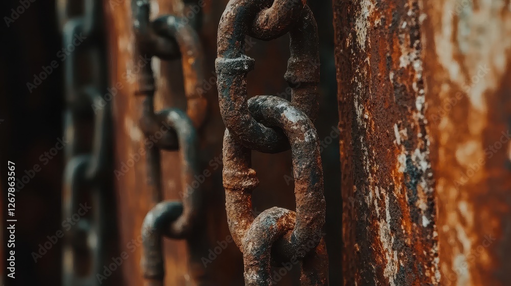 Close-up of rusted metal chains showcasing intricate details and textures, highlighting decay and the passage of time. Close-up of rusted metal chains showcasing intricate details and textures, highlighting decay and the passage of time.