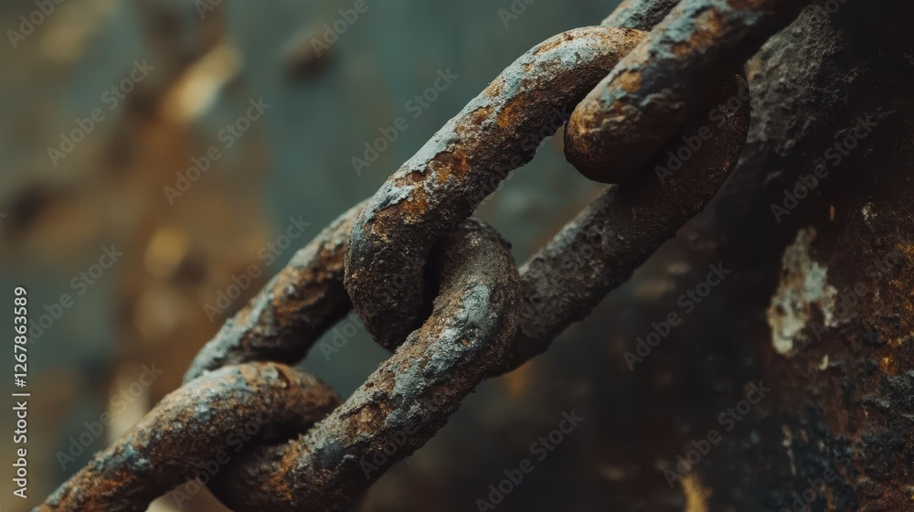 Close-up of a weathered, rusted chain link, symbolizing strength and resilience amidst decay. Close-up of a weathered, rusted chain link, symbolizing strength and resilience amidst decay.