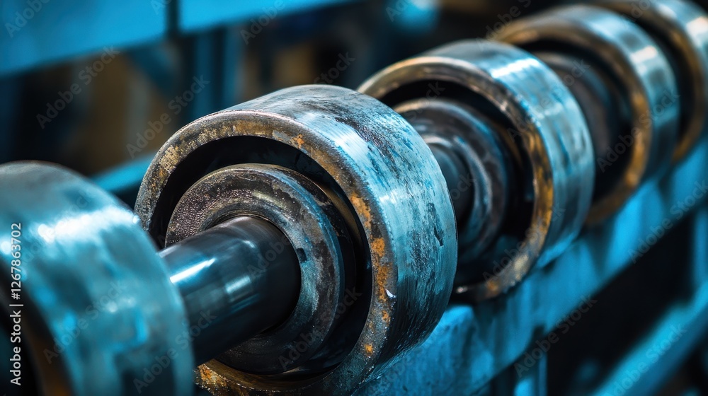 Close-up of industrial rollers with a worn metallic finish, set against a cool blue background, highlighting the textures and machinery involved in production. Close-up of industrial rollers with a worn metallic finish, set against a cool blue background, highlighting the textures and machinery involved in production.