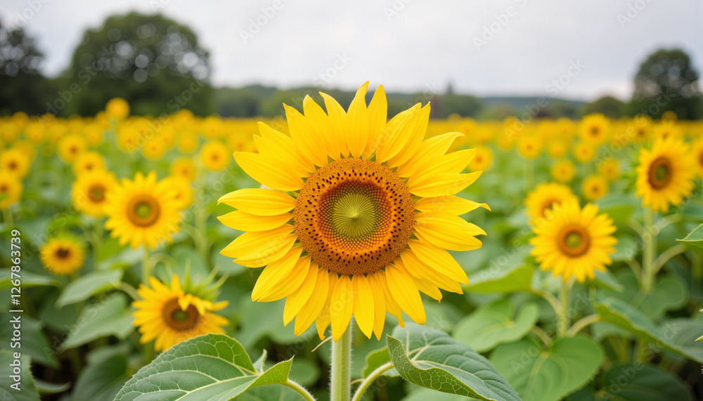 Fototapeta premium Vibrant sunflower blooming in green meadow, natural beauty