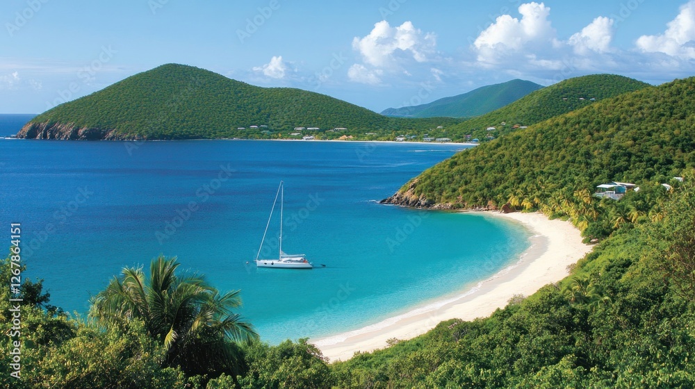 Fototapeta premium Secluded Sailboat Anchored in a Tropical Bay