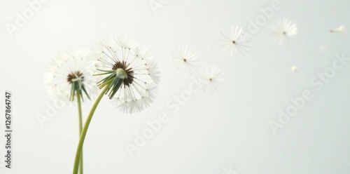 Delicate dandelion stem with seed head blowing away on white background , outdoor, seed, blowdand