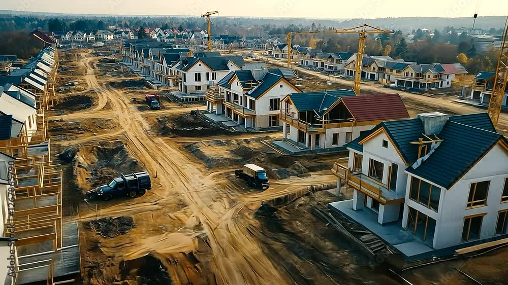 A high-resolution aerial view of a large-scale housing project under construction, featuring rows of partially built houses, construction vehicles, and cranes in motion.