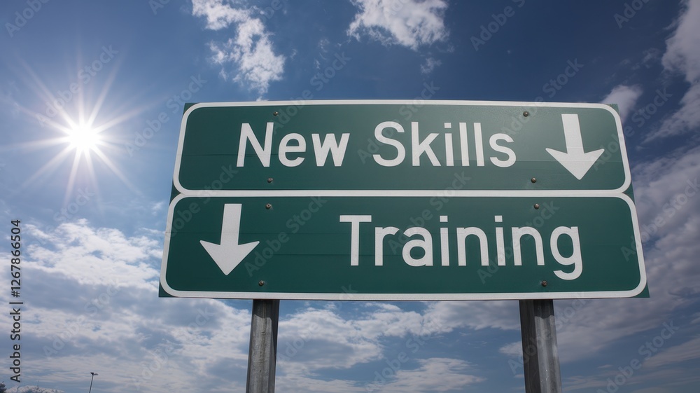 Sign points direction toward new skills and training Sign points direction toward new skills and training