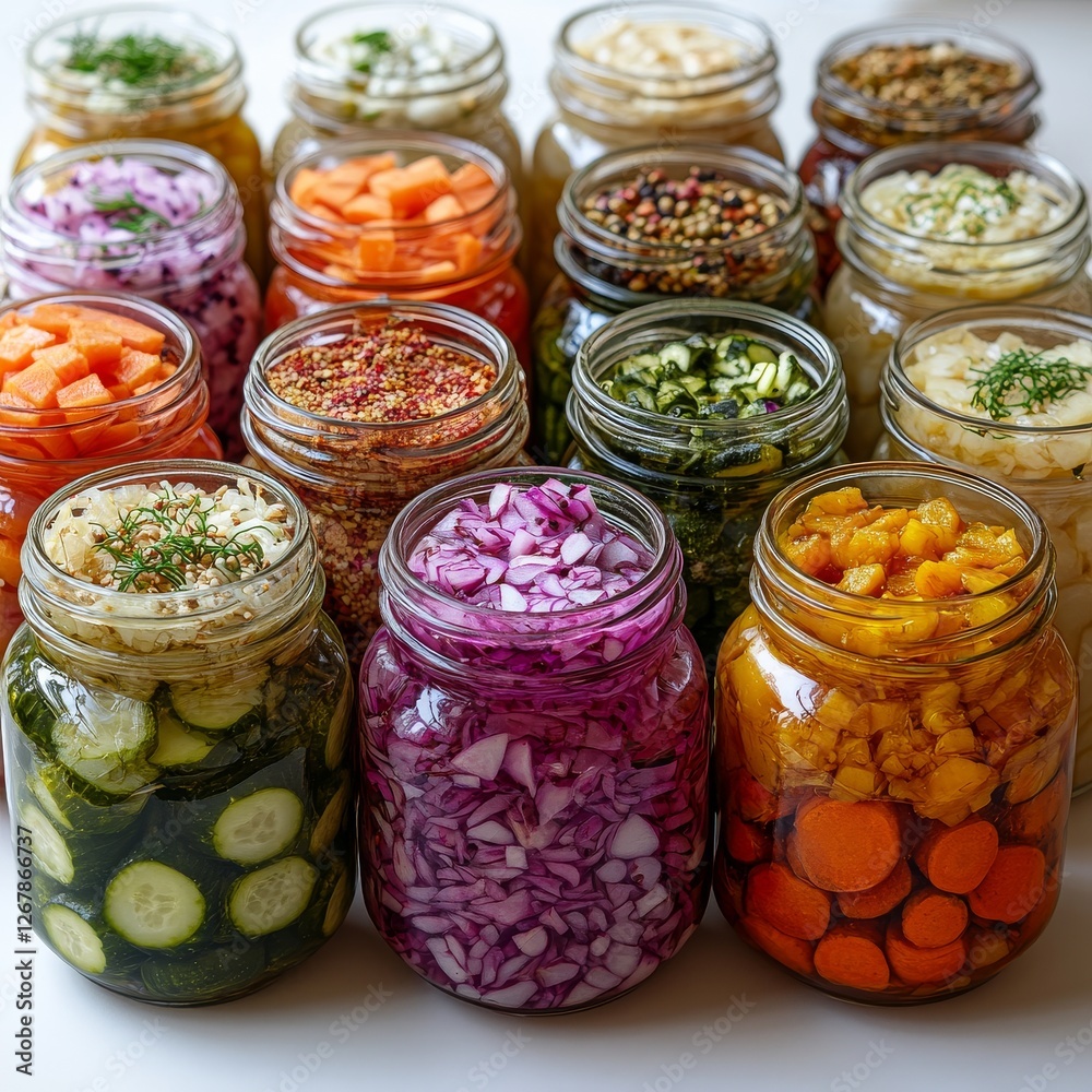 Colorful Array of Pickled Vegetables: A Vibrant Display of Home Canning and Fermentation in Jars Colorful Array of Pickled Vegetables: A Vibrant Display of Home Canning and Fermentation in Jars