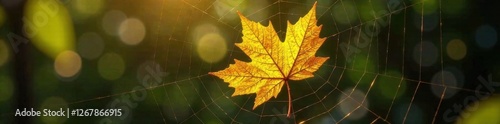 Golden yellow leaf flake caught in a spider web with intricate gold foil details, web, nature, spider
