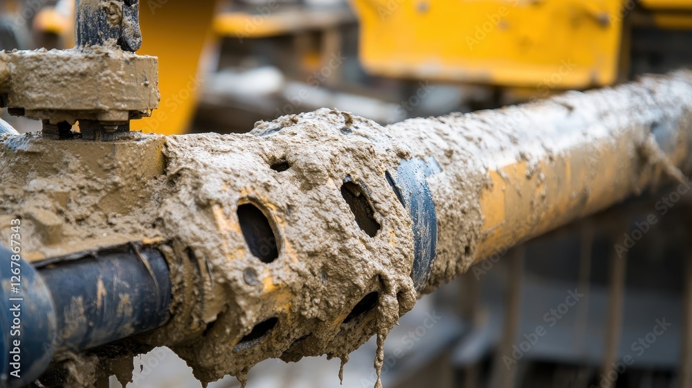 Close-up of a muddy construction pipe, showcasing the textures and colors of wet concrete and dirt in an industrial setting. Close-up of a muddy construction pipe, showcasing the textures and colors of wet concrete and dirt in an industrial setting.