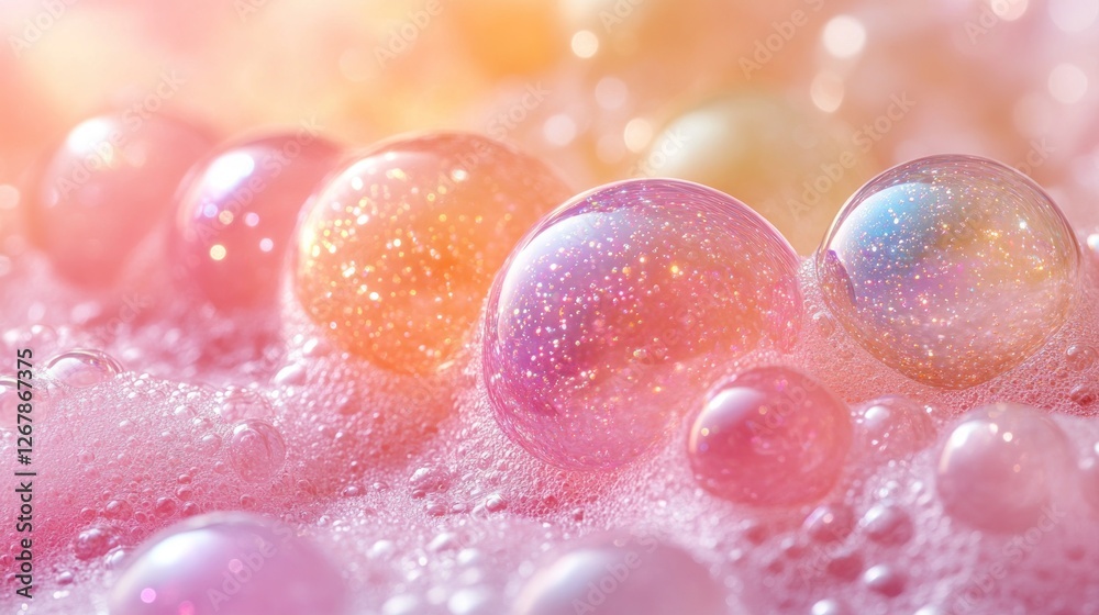 Pastel-colored, glittery soap bubbles on pink foam Pastel-colored, glittery soap bubbles on pink foam