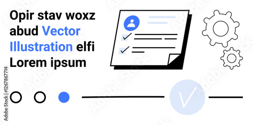 Business form with checklists, text elements, gears, and progress indicators conveying task management and productivity. Ideal for business, project management, efficiency, productivity