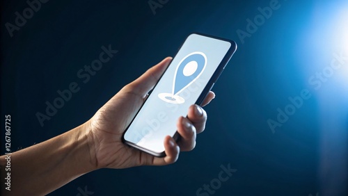 Mobile phone displaying location pin in hand symbolizing connectivity and navigation as a key driver of future business innovation photo