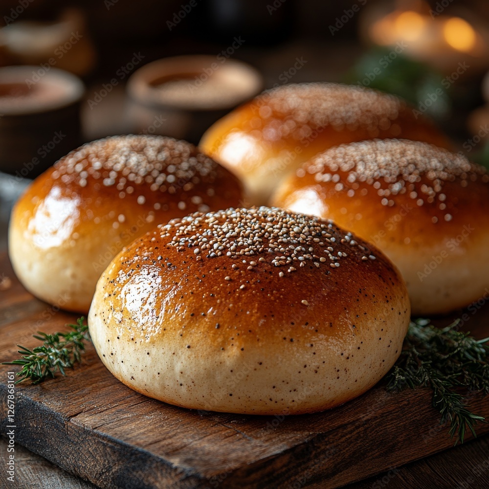 Freshly Baked Buns on Rustic Wood: A Culinary Delight of Seeded Bread Rolls, Perfect for Burgers or Sandwiches. Freshly Baked Buns on Rustic Wood: A Culinary Delight of Seeded Bread Rolls, Perfect for Burgers or Sandwiches.