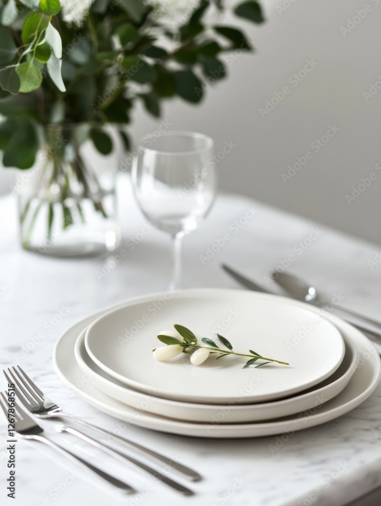 Elegant table setting with minimalist plates and fresh greenery for a casual dining experience. Generative AI Elegant table setting with minimalist plates and fresh greenery for a casual dining experience. Generative AI