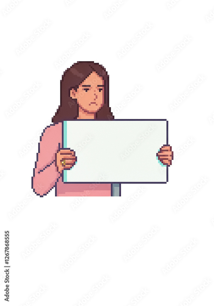 unhappy woman holding a blank sign against simple background ideal to use as negative space to add text, illustration in pixelated style unhappy woman holding a blank sign against simple background ideal to use as negative space to add text, illustration in pixelated style