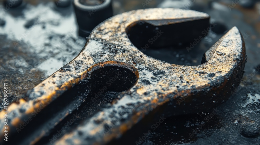 Close-up of a rusty, weathered wrench resting on a metallic surface, showcasing detail and texture. Close-up of a rusty, weathered wrench resting on a metallic surface, showcasing detail and texture.