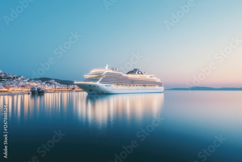 vibrant depiction of cruise ship docked at glowing cityscape with reflections shimmering on calm ocean waters
